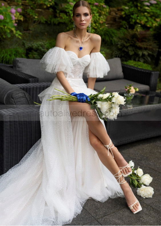 Ivory Sparkly Tulle Corset Back Wedding Dress With Removable Sleeves Ivory Sparkly Tulle Corset Back Wedding Dress With Removable Sleeves